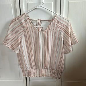 Paper Crane, summer top with orange and gray vertical stripes